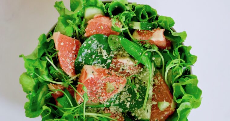 Grapefruit Salad with Hemp Seeds and Pea Sprouts