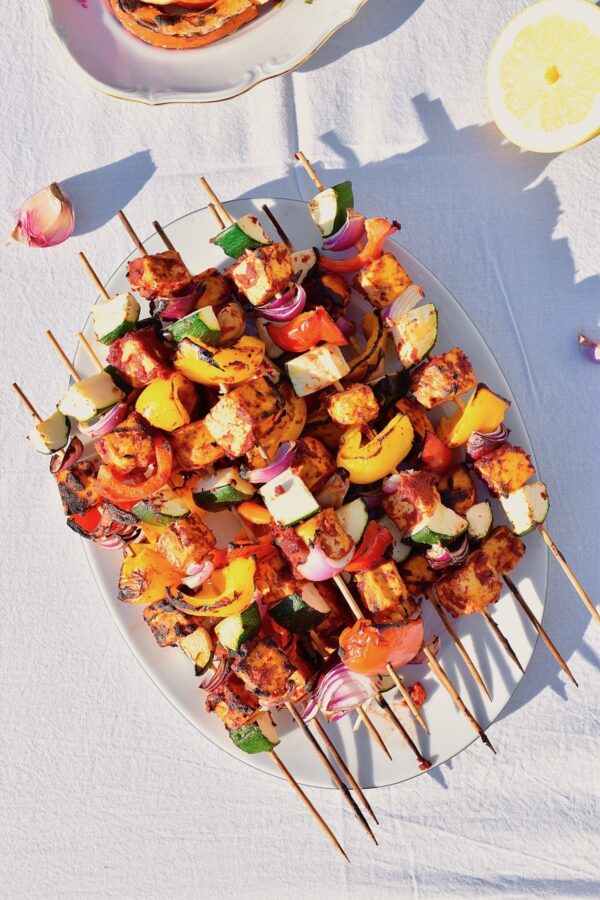 Tofu skewers on grill