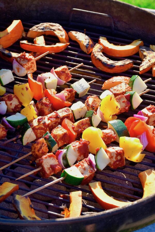 Tofu skewers on grill